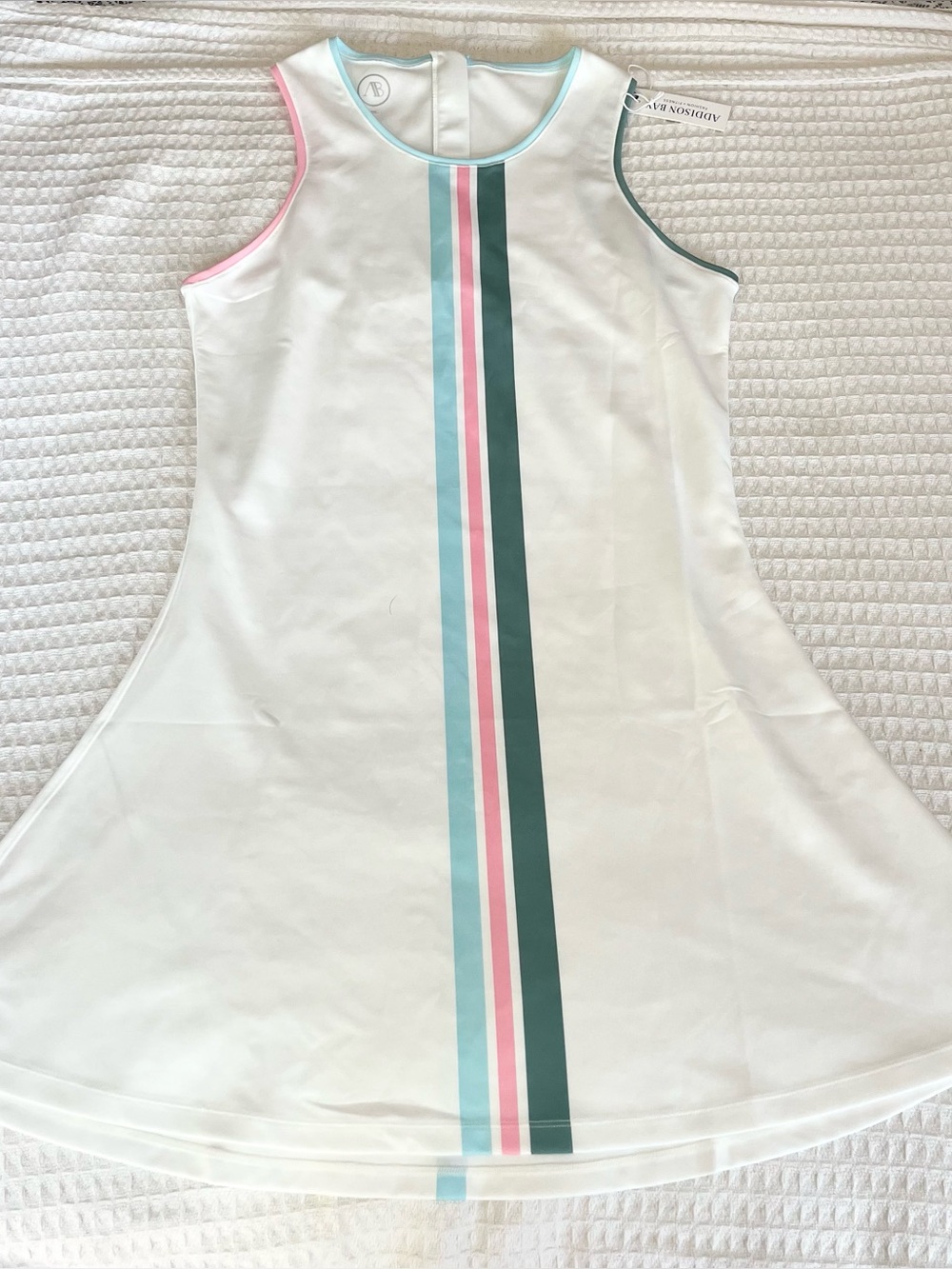 Addison Bay White A-Line Dress with Pink, Teal & Dark Green Stripes Large NWT